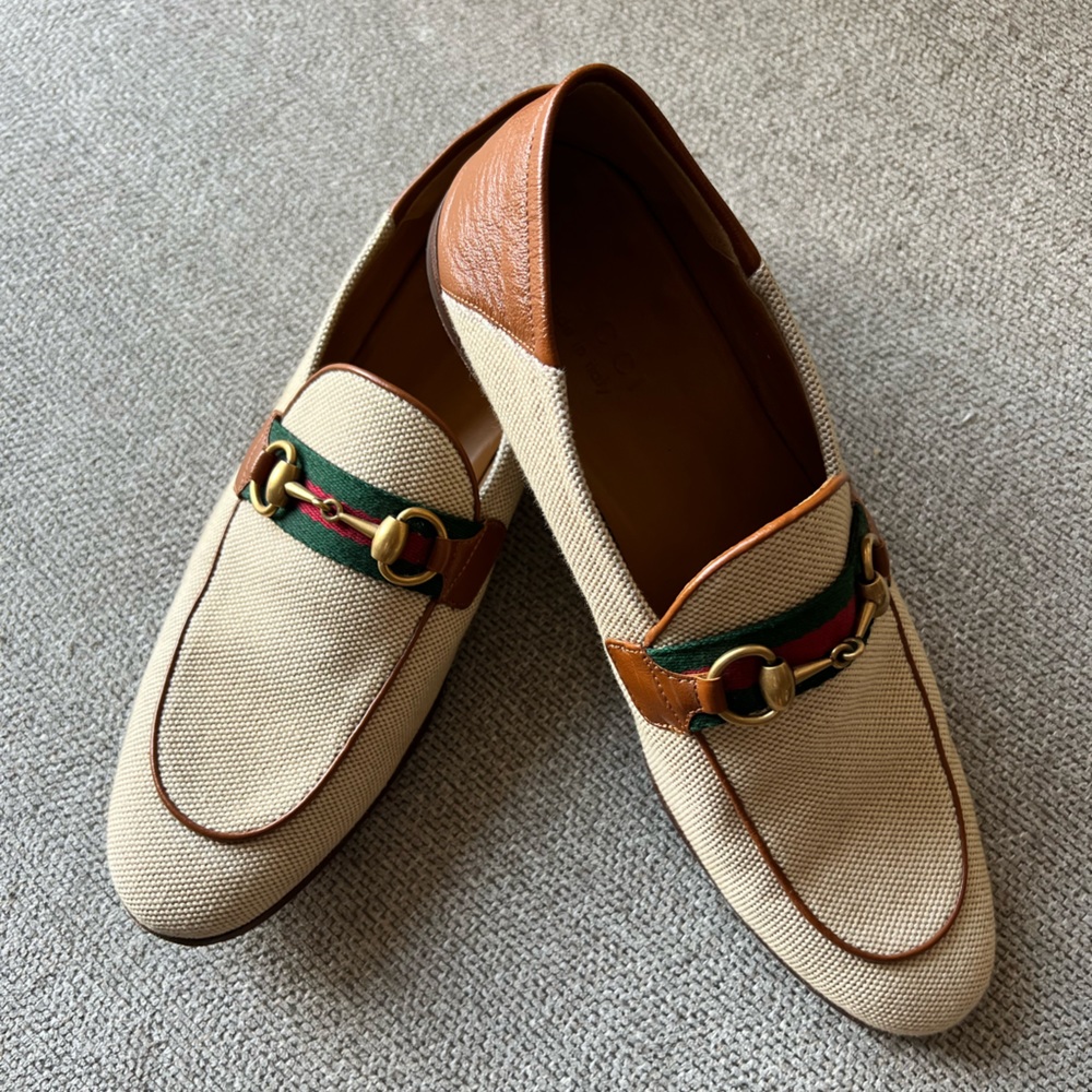 Gucci Canvas Web Mens Brixton Horsebit Loafers 8.5US Sand Light Cuir